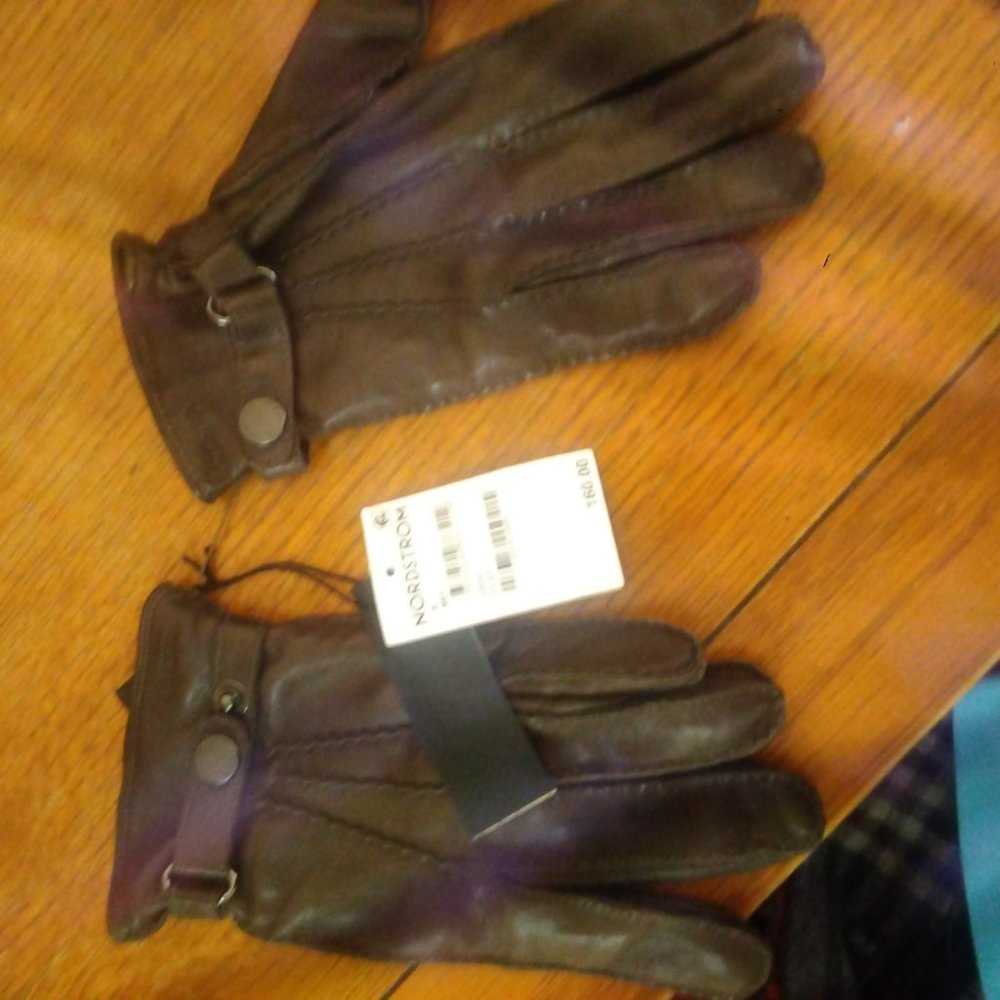 HESTRA SIZE 8 MEN'S BROWN/CLAY LEATHER GLOVES WITH SNAP BUCKLE